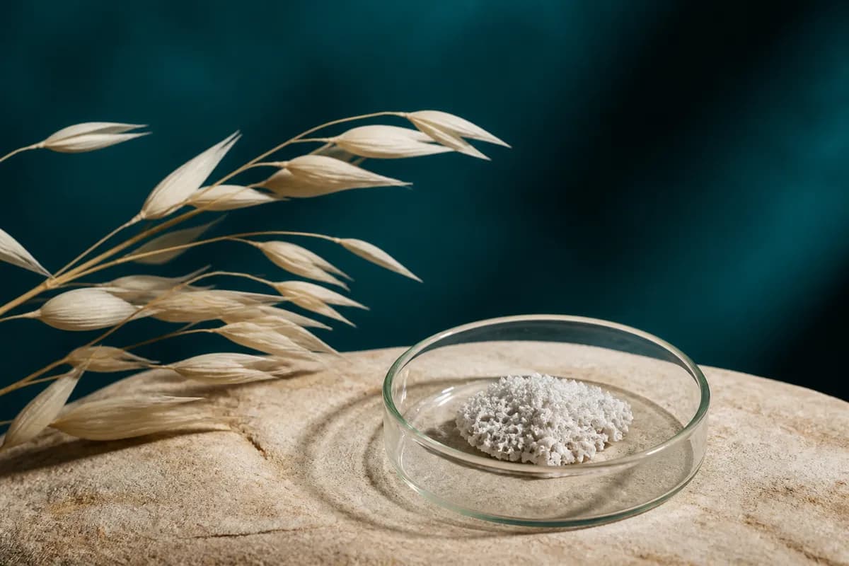 Ceramic bone-graft granules in a glass dish on stone, a conceptual still life for grafting