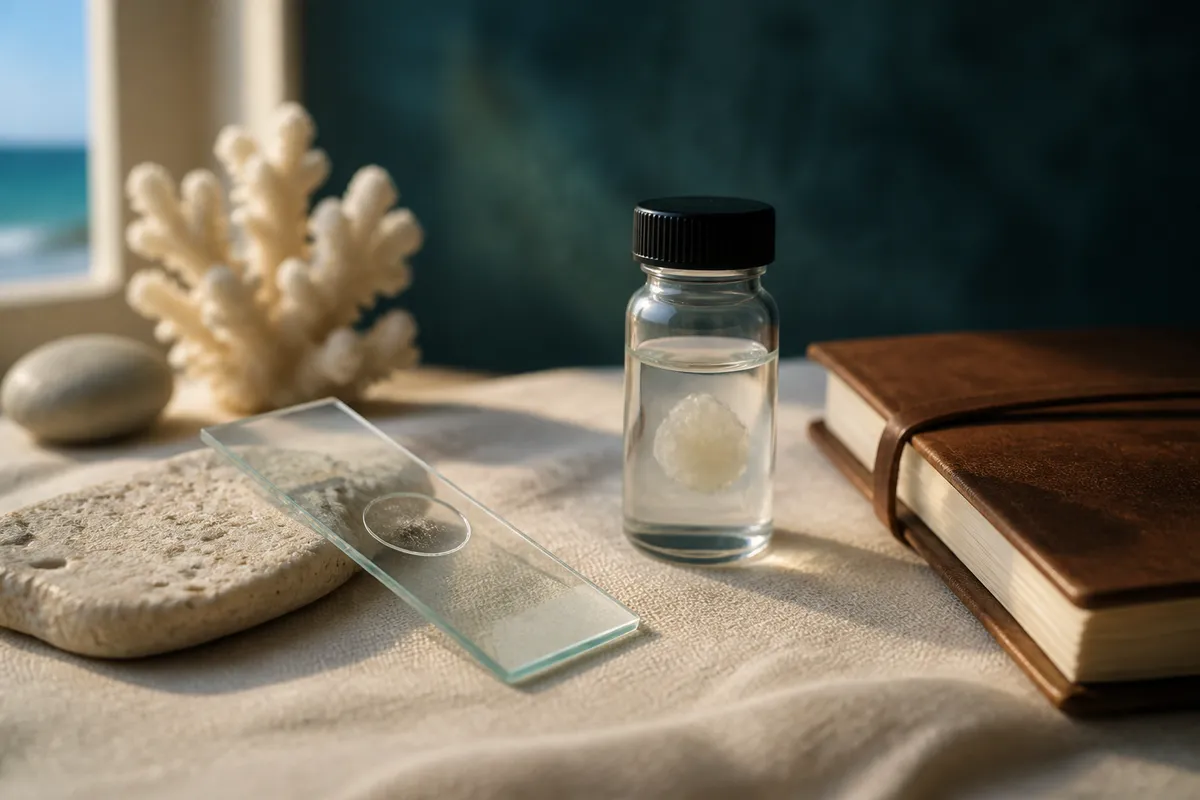 Microscope slide and specimen vial on cream linen, conceptual still life for oral pathology